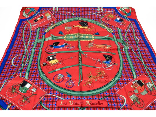 Hermès Paris Striking Vintage Les Voiturs Nouvelles Silk Scarf, By Jacques Eudel