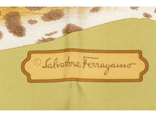 Salvatore Ferragamo Beautiful Green Toned Leopard Motif Silk Scarf