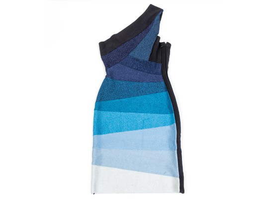 Hervé Léger Stunning Blue And Black One Shoulder Sheath Dress, Size XS