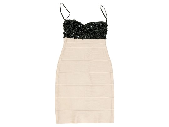 Hervé Léger Elegant Black And Ivory Bedazzled Strapless Sheath Dress, Size XS