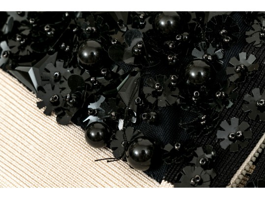 Hervé Léger Elegant Black And Ivory Bedazzled Strapless Sheath Dress, Size XS