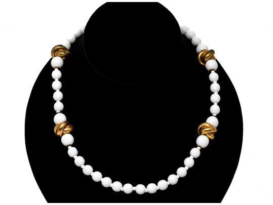 Miriam Haskell Fabulous Vintage Gold Tone Love Knot And White Glass Bead Opera Length Necklace
