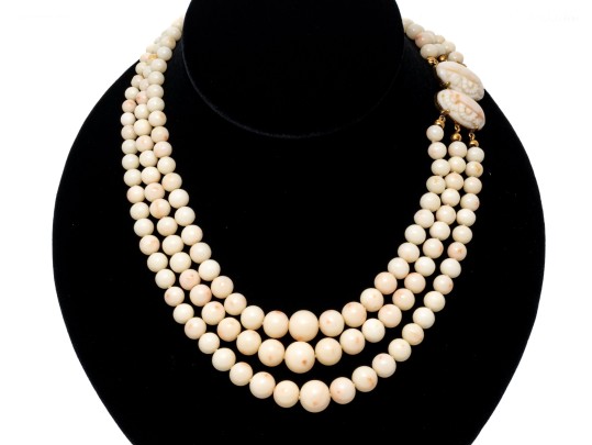 Beautiful Triple Strand Graduated Coral Necklace, With An 18k Yellow Gold Clasp