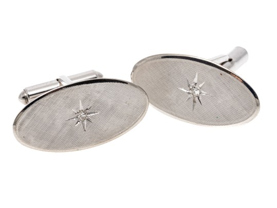 14k White Gold Oval Florentined Diamond Center Cufflinks, App. 0.04 TCW