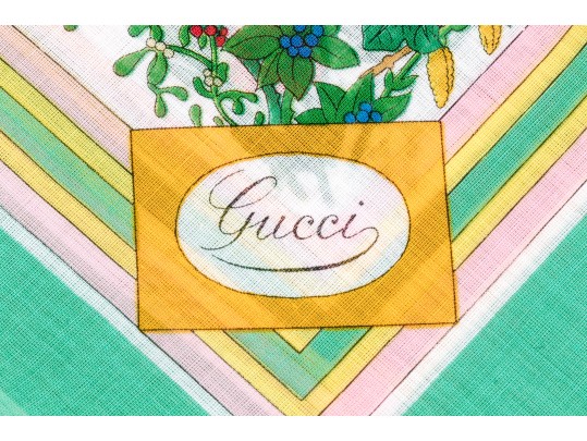 Gucci Vintage New Old Stock Floral Butterfly Cotton Neck Scarf, Green, With Packaging
