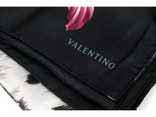 Valentino Vintage Silk Scarf, Black, Pink And Green Tones, Leopard Print And Floral Motifs