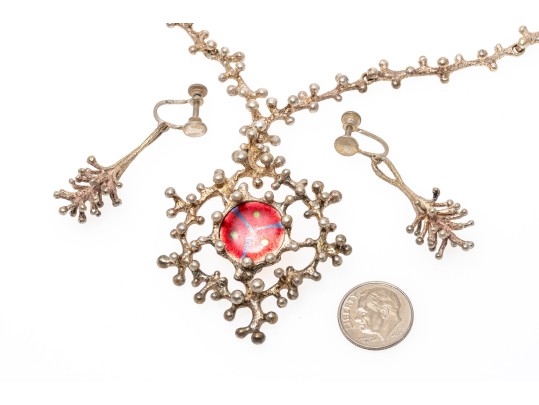 Sterling Silver, Copper And Enamel Brutalist Necklace, With Earrings, Clip On Style