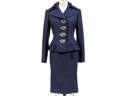 Blumarine Eye-catching Blue Wool And Cashmere Skirt Suit, Size 44 Italy (USA 8)