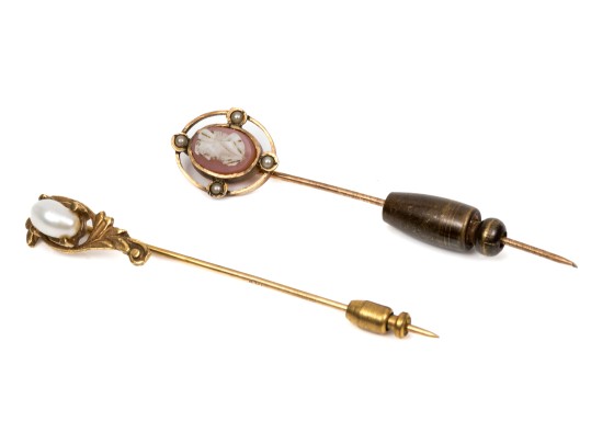Two 14K Vintage Cameo And Pearl Stick Pins
