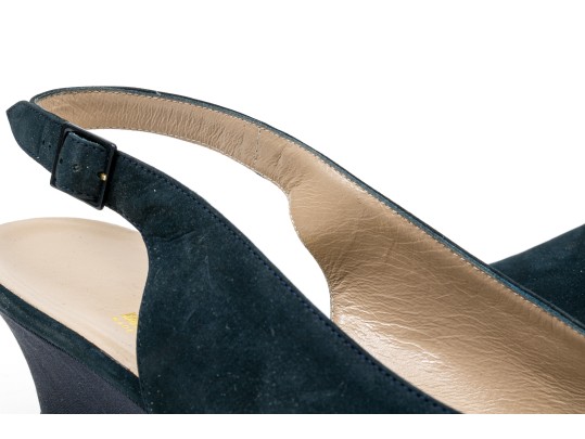 Salvatore Ferragamo Fun Blue Suede And Grosgain Slingback Wedges, Size 10B