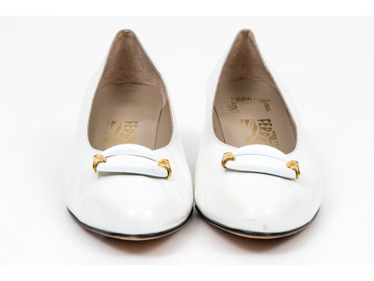 Salvatore Ferragamo Striking White Leather Embellished Pumps, Size 10B