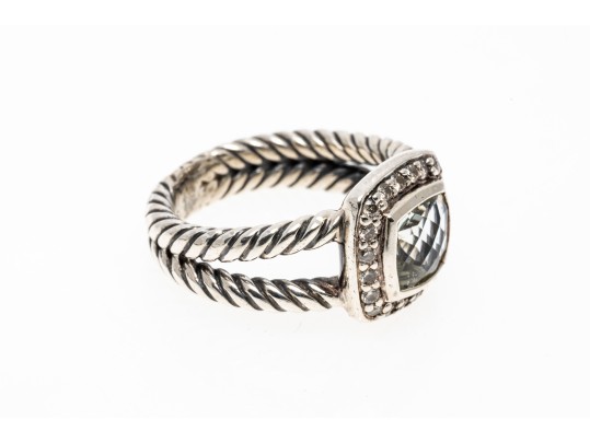 David Yurman Pretty Split Twisted Shank, Aquamarine And Diamond Ring, Size 4.75