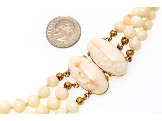 Beautiful Triple Strand Graduated Coral Necklace, With An 18k Yellow Gold Clasp