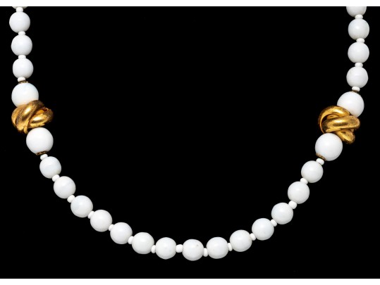 Miriam Haskell Fabulous Vintage Gold Tone Love Knot And White Glass Bead Opera Length Necklace