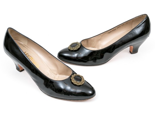Salvatore Ferragamo Decorative Black Patent Leather Pump With Decorative Top, Size 40B