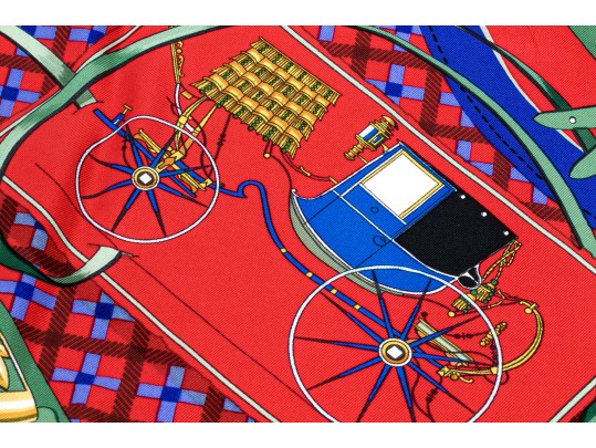 Hermès Paris Striking Vintage Les Voiturs Nouvelles Silk Scarf, By Jacques Eudel