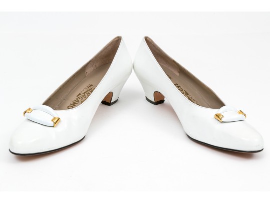 Salvatore Ferragamo Striking White Leather Embellished Pumps, Size 10B