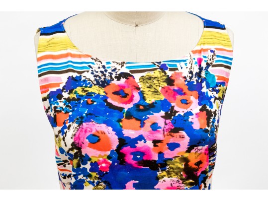 Valentino Red Bright Multi Color Sleeveless Cotton Dress, Gathered Skirt, Size 48