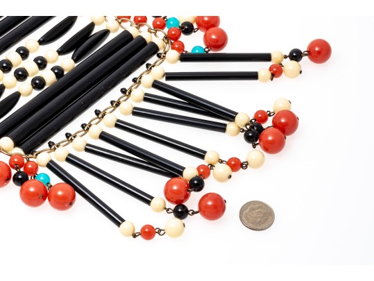 Magnificent Vintage 1970's Acrylic Bib Choker Neck Piece, Black, Coral, Ivory And Turquoise
