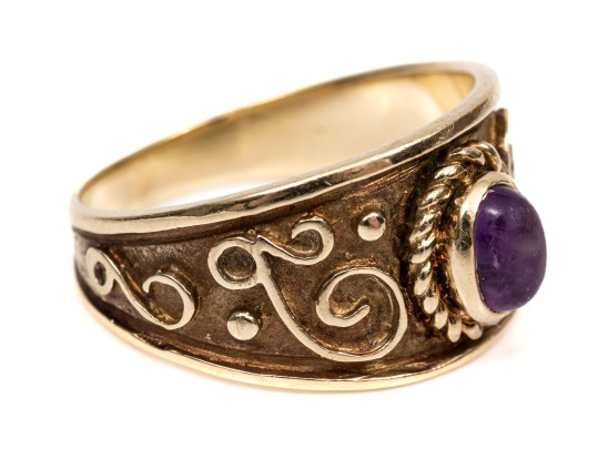 Broad 10K Scrollwork Amethyst Ring, Size 7.75+