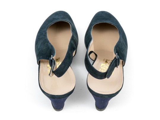 Salvatore Ferragamo Fun Blue Suede And Grosgain Slingback Wedges, Size 10B