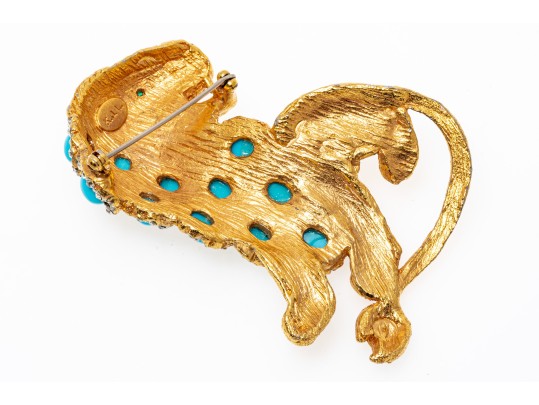 Kenneth Jay Lane Majestic Gold Tone Faux Turquoise And Rhinestone Vintage Lion Brooch