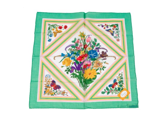 Gucci Vintage New Old Stock Floral Butterfly Cotton Neck Scarf, Green, With Packaging