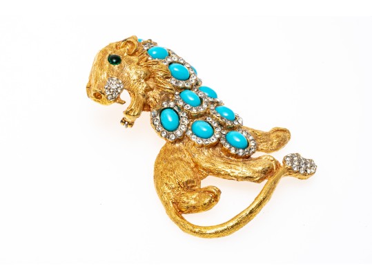 Kenneth Jay Lane Majestic Gold Tone Faux Turquoise And Rhinestone Vintage Lion Brooch