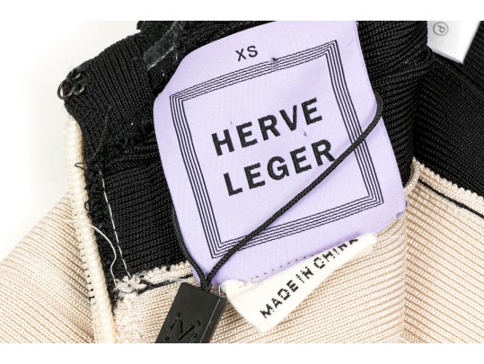 Hervé Léger Elegant Black And Ivory Bedazzled Strapless Sheath Dress, Size XS