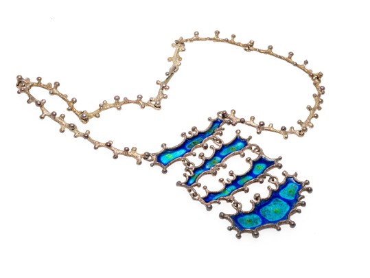 Sterling Silver Blue And Green Enamel Fabulous Brutalist Necklace And Earrings
