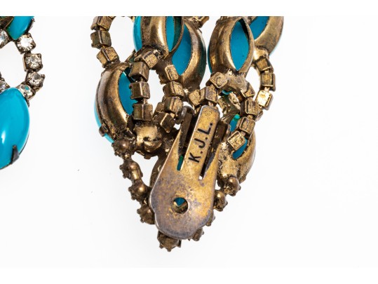 Kenneth Jay Lane Amazing Faux Turquoise And Rhinestone Vintage Waterfall Earrings