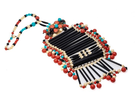 Magnificent Vintage 1970's Acrylic Bib Choker Neck Piece, Black, Coral, Ivory And Turquoise