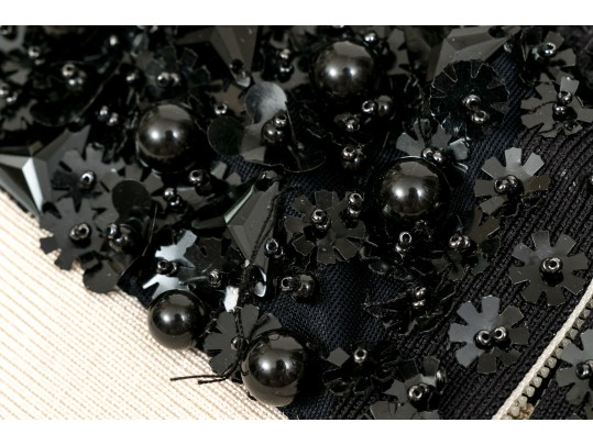 Hervé Léger Elegant Black And Ivory Bedazzled Strapless Sheath Dress, Size XS