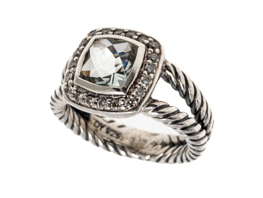 David Yurman Pretty Split Twisted Shank, Aquamarine And Diamond Ring, Size 4.75