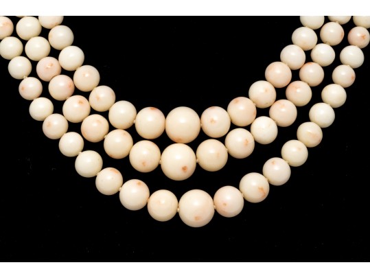 Beautiful Triple Strand Graduated Coral Necklace, With An 18k Yellow Gold Clasp