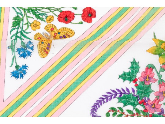 Gucci Vintage New Old Stock Floral Butterfly Cotton Neck Scarf, Green, With Packaging
