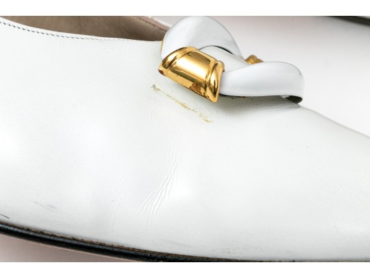 Salvatore Ferragamo Striking White Leather Embellished Pumps, Size 10B