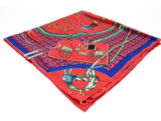 Hermès Paris Striking Vintage Les Voiturs Nouvelles Silk Scarf, By Jacques Eudel
