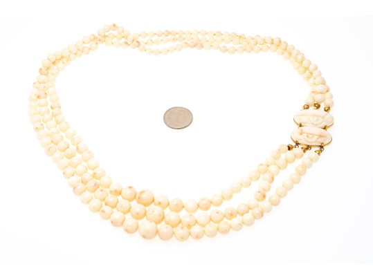 Beautiful Triple Strand Graduated Coral Necklace, With An 18k Yellow Gold Clasp