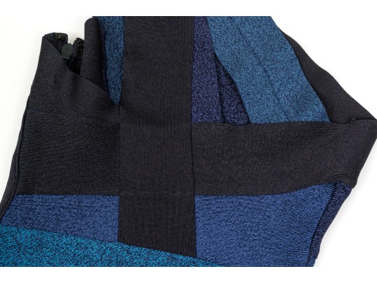 Hervé Léger Stunning Blue And Black One Shoulder Sheath Dress, Size XS