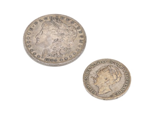 1884 Morgan Silver Dollar And 1944 Neatherland 1 Gulden Coin