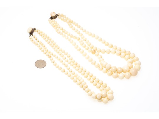 Lovely Lot Of Fwo Vintage Double Strands Of Graduated Coral Bead Necklaces