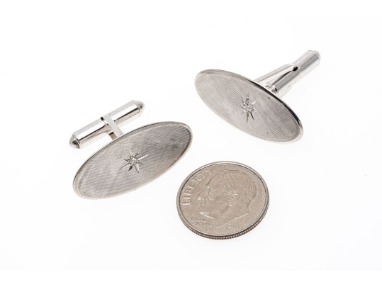 14k White Gold Oval Florentined Diamond Center Cufflinks, App. 0.04 TCW