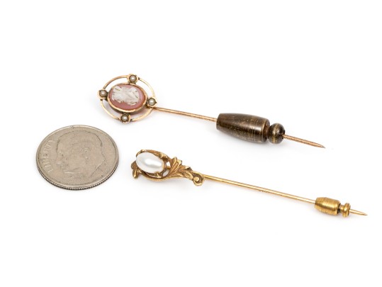 Two 14K Vintage Cameo And Pearl Stick Pins