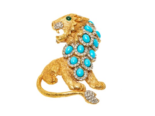 Kenneth Jay Lane Majestic Gold Tone Faux Turquoise And Rhinestone Vintage Lion Brooch