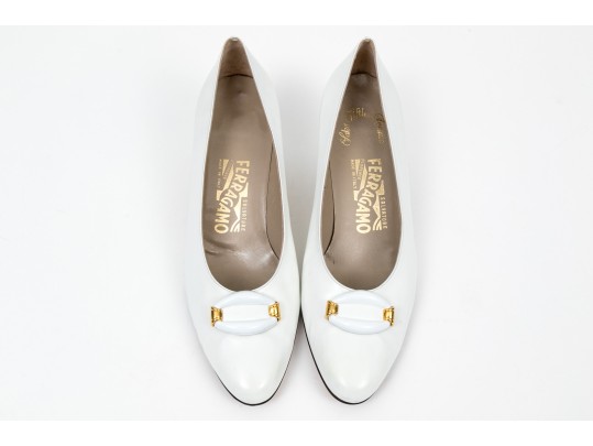 Salvatore Ferragamo Striking White Leather Embellished Pumps, Size 10B