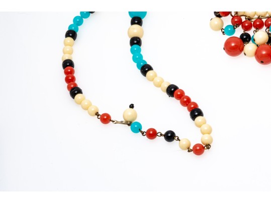 Magnificent Vintage 1970's Acrylic Bib Choker Neck Piece, Black, Coral, Ivory And Turquoise