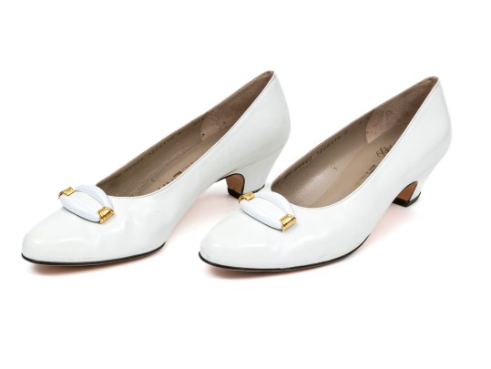 Salvatore Ferragamo Striking White Leather Embellished Pumps, Size 10B