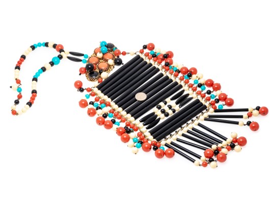 Magnificent Vintage 1970's Acrylic Bib Choker Neck Piece, Black, Coral, Ivory And Turquoise