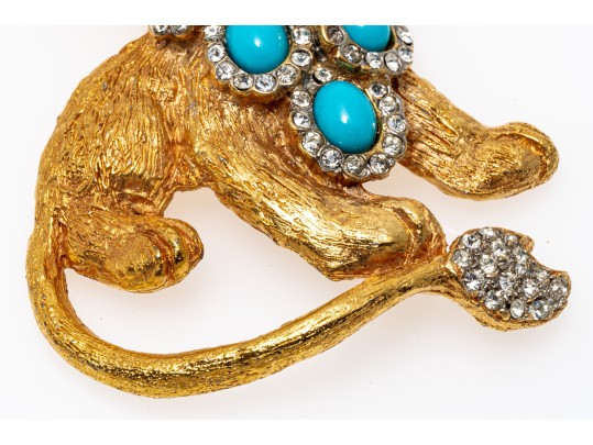 Kenneth Jay Lane Majestic Gold Tone Faux Turquoise And Rhinestone Vintage Lion Brooch